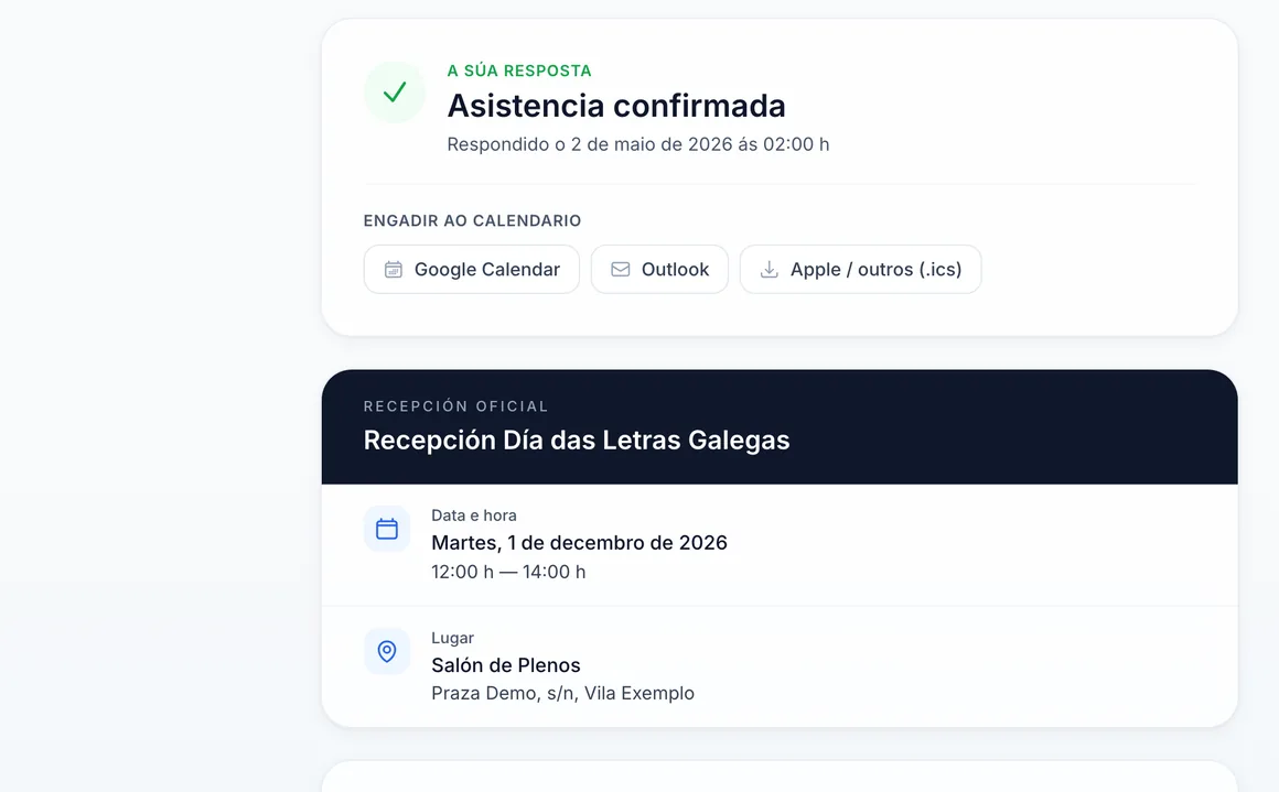 Portal público de respuesta de INVITO PRO mostrando la asistencia confirmada, los botones para añadir el acto a Google Calendar, Outlook o Apple, y los datos del acto.